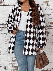 SHEIN LUNE 大码秋冬季超加厚双抓绒保暖外套女秋季女几何图案双面连帽羊毛夹克带口袋冬装帽衫 - 彩色 - 查看 7