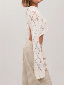 SHEIN X PERLA SHEIN Unity 女士圆领插肩袖镂空短款休闲毛衣，秋冬 - 白色 - 查看 6