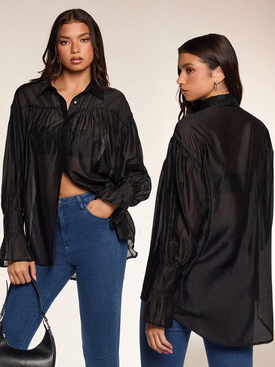 Zolique Áo cánh công sở thanh lịch xếp nếp tay loe vải voan mỏng - màu đen - Xem 1