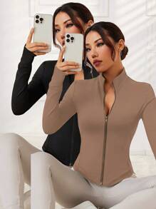 SHEIN Sports Solid Color Stand Collar Fitted Casual Comfortable Sporty Jacket - Multicolor - View 1
