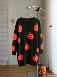 CovetEZ Plus Size Pumpkin Halloween Sweater Dress, Early Autumn - Multicolor - View 1
