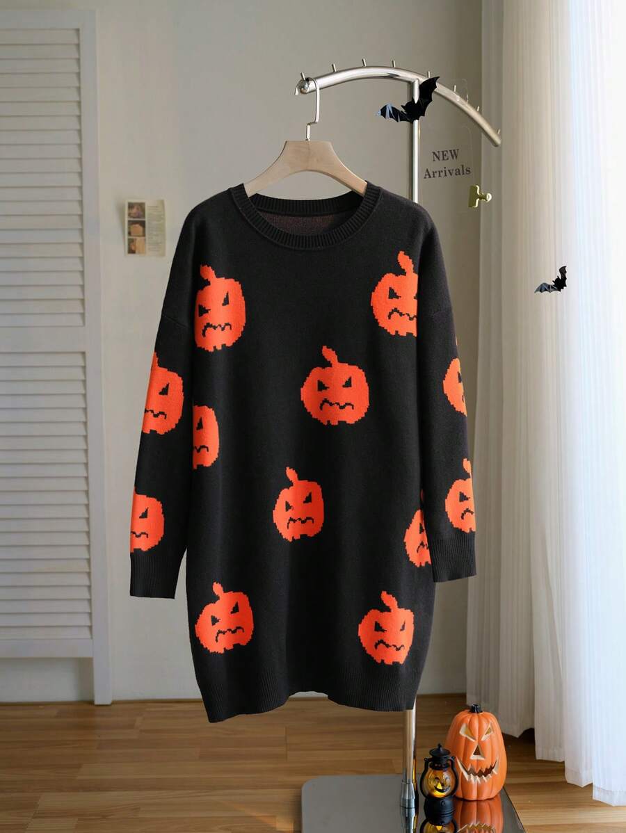 CovetEZ Plus Size Pumpkin Halloween Sweater Dress, Early Autumn - Multicolor - View 1