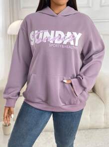 Mulvari Plus Size Letter Printed Pocket Design Casual Sweatshirt - Dusty Purple - View 3