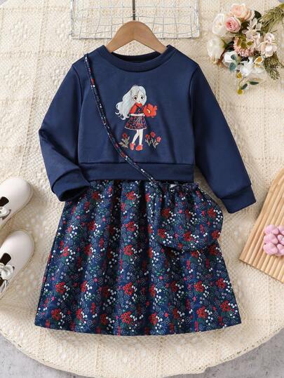 年轻女孩甜美卡通女孩印花圆领长袖拼接中长连帽连衣裙和配套包，儿童春秋季户外玩耍度假连衣裙