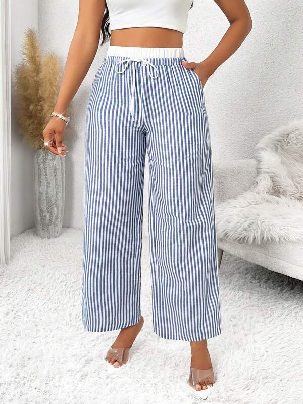 SHEIN Lady Women's Contrast Color Tie-Waist Striped Pockets Loose Casual Wide-Leg Pants