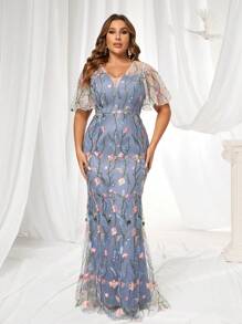 SHEIN Belle 大码花卉刺绣荷叶边袖 V 领美人鱼下摆优雅花园派对晚会鸡尾酒礼服、婚礼活动礼服、正式礼服，适合婚礼嘉宾、毕业典礼、晚宴 - 彩色 - 查看 6