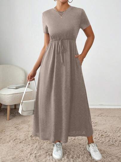 SHEIN Essnce Women's Summer Casual Solid Color Drawstring Waist Dress,Summer Dresses For Women