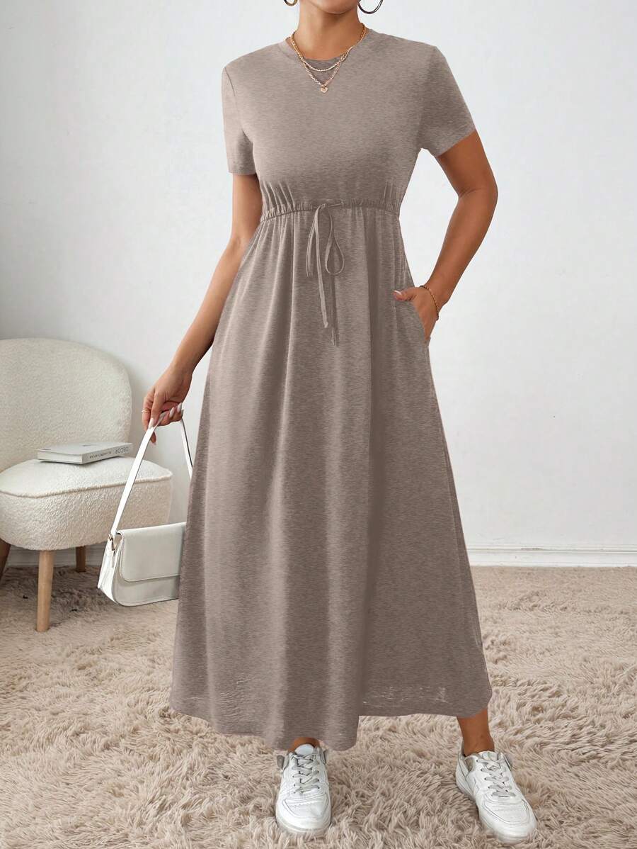 SHEIN Essnce Women's Summer Casual Solid Color Drawstring Waist Dress,Summer Dresses For Women - Mocha Brown - View 1