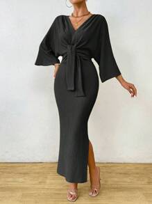 Celisse 女士优雅纯色蝙蝠袖侧开衩鱼尾连衣裙，春秋季长款女装