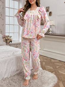 CottageSlumber Conjunto de pijama para mujer con cuello cuadrado con estampado floral, volantes, lazo y bajo con volantes, romántico y perfecto para vacaciones