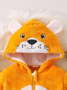 SHEIN 男宝宝可爱老虎刺绣长袖连帽连体衣 秋冬季 - 黃色 - 查看 3