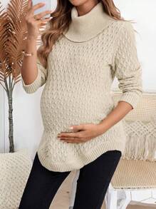 SHEIN Pregnant Women Turtleneck Long Sleeve Cable Knit Sweater, For Maternity, For Winter - Apricot - View 2
