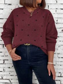 Suéter holgado de manga larga con cuello en V y hombros caídos con estampado de lunares para mujer de talla grande, otoño/invierno - Burdeos - Ver 3