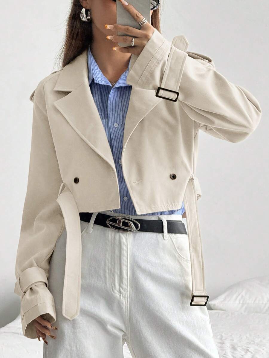 SHEIN EZwear Khaki Color Woven Cropped Women's Lapel Neck Long Sleeve Casual Trench Coat