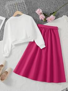 SHEIN Tween Girl 2 件套：长袖卡通印花运动衫和单排扣长裙，春秋 - 玫紅色 - 查看 2
