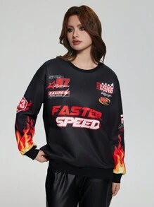 SHEIN Explorewe 2 件套青少年女孩深色休闲火焰字母印花运动衫和 PU 皮革紧身喇叭裤套装 - 黑色 - 查看 5