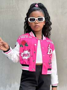 Tween Girl' Badge Graphic Patchwork Short Varsity Jacket, Thermal Lined Bomber Jacket For Autumn & Winter - Multicolor - View 2