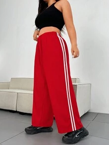 Flirla Quần ống đứng kẻ sọc rút dây thường ngày cỡ lớn - Đỏ - Xem 6