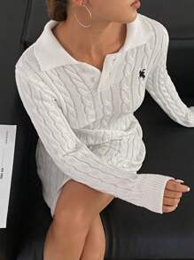 SHEIN Frenchy 女式秋冬骑士图案长袖修身休闲毛衣连衣裙 - 杏色 - 查看 6