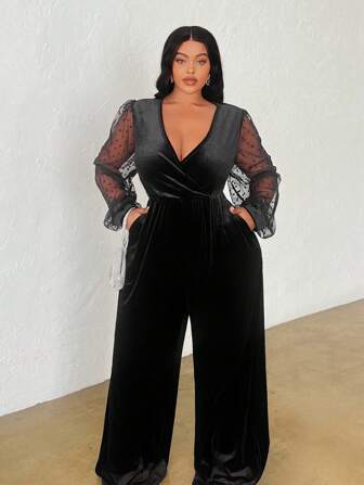 Slaydiva Plus Size Black Solid Long Sleeve Polka Dot Mesh Panel Cinched Waist Wide Leg Jumpsuit For Women, Elegant, Work, Party, Date, Spring & Fall