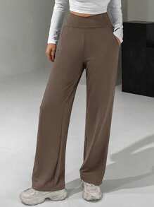 DAZY Women High-Waisted Cropped Wide Leg Pants With Crossed Waistline Summer - Coffee Brown - View 4