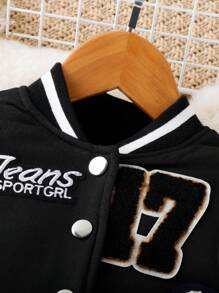 Baby Boy Letter & Bear Embroidery Casual Sport Baseball Jacket, Spring Autumn, Baby Boy Bomber Jacket - Black - View 4