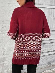 SHEIN LUNE Cardigan simples de patchwork liso de manga comprida, uso diário casual - Borgonha - Ver 2