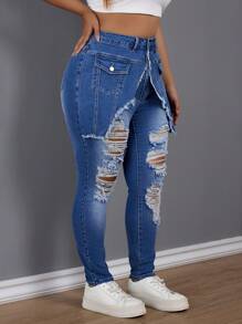 SHEIN SXY Quần denim co giãn cạp cao cỡ lớn có lỗ trang trí - Rửa tối - Xem 6