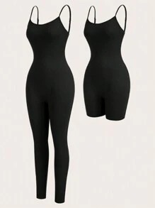 SHEIN Essnce  Women's Summer New Free People Women Jumpsuits Back To School Clothes Workout Women Sets Teacher Clothes Business Professional Tights Pride Outfits Sweatpants Business Casual Clothes Set Leggings Going Out Sets Airport Outfit Biker Shorts Women Rompers Leggings Fashion Casual Sports Black 2-Piece Cami Shorts And Trousers Bodycon Jumpsuit - Black - View 2