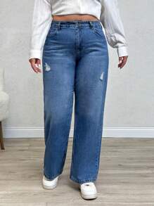 SHEIN Cottnline بنطلون جينز نسائي مقاس كبير بخصر عالي وقصة مستقيمة ممزق أزرق فاتح صيفي كاجوال رسمي للخروج تقليدي - أزرق متوسط - مشاهدة 6