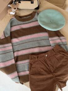 DAZY Áo len sọc cổ tròn tay dài tối giản, thường ngày, trang phục mùa thu - Xám - Xem 5