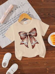 Tween Girl Bow Print Casual Crew Neck Knit T-Shirt, Cute And Comfortable