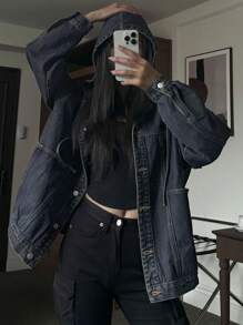 Dazy Star Women's Loose Dropped Shoulder Drawstring Hooded Denim Jacket With Pockets, Spring/Autumn - Blue - View 1