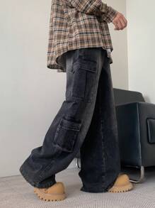 Claim Dot 男士宽松多口袋休闲工装裤，纯色长款宽松深灰色水洗牛仔裤，适合送给丈夫、男朋友的礼物，emo 风格