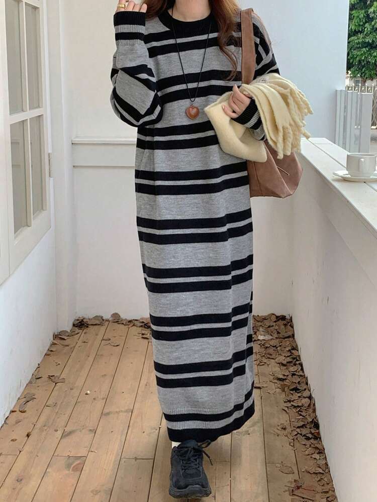 Women's Casual Loose Fit Round Neck Long Sleeve Striped Sweater Dress, Fall/Winter