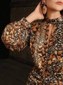 Anewsta Elegant Snake Skin Print Women Short Dress, Spring Autumn - Brown - View 6