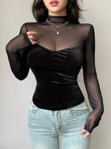 DAZY 女式长袖修身网眼拼接 T 恤外出上衣，秋季女装 - 黑色 - 查看 6