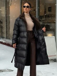 RueChic 优雅系腰带长款夹棉大衣，带毛领，女士冬装