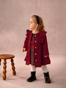 SHEIN 2pcs Baby Girl Front Button Long Sleeve Ruffle Trim Solid Dress & Plaid Print Jacket Outfit - Red - View 3