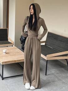 DAZY 2件套女士纯色运动服套装，秋季女装运动套装连帽家居服套装 - 卡其色 - 查看 5