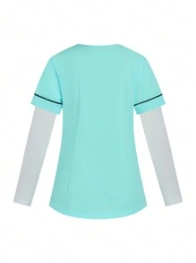 TaskEZ Women's V-Neck Short Sleeve Contrast Color Double Pockets Fashionable Casual Scrub Tops Nurse/Doctor Work Uniforms Top, Health Check Surgical Uniforms Top For Women Solid Colors Pet Grooming Work Uniforms Scrub Tops Nutritionist Work Short Sleeves Lab Work Top, Multi-Pockets Functional Work Functional Women's Top Can Be Worn On Christmas - Mint Blue - View 9