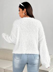 Flirla Plus Size V-Neck Casual Solid Color Sweater Cardigan, Fall - White - View 3