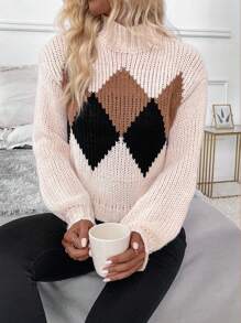 SHEIN LUNE 女士多色菱形图案针织套头衫，秋冬款 - 彩色 - 查看 1