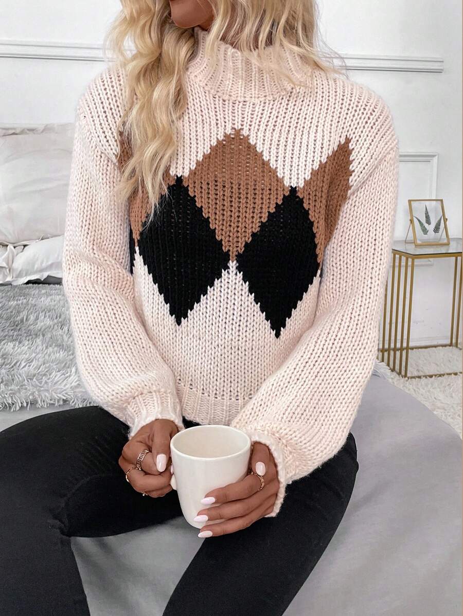 SHEIN LUNE 女士多色菱形图案针织套头衫，秋冬款 - 彩色 - 查看 1