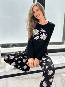 Daisy & Butterfly Print Long Sleeve Top & Pants Casual Pajama Set For Women, Fall Winter Clothes