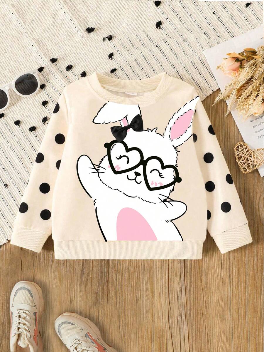 SHEIN Tween Girl Loose Casual Rabbit Pattern Round Neck Pullover Simple & Comfortable Long Sleeve Sweatshirt,In Fall/Winter - Apricot - View 1