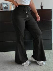 POPSWAY Pantalones casuales informales de talla grande para mujer, de unicolor, con cintura con cordón y campana