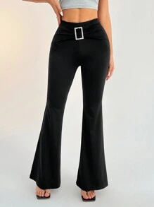 SHEIN PETITE Pantalones acampanados elásticos de unicolor con cintura recogida en forma de diamante cuadrado para mujeres - Negro - Ver 8