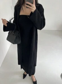DAZY 2pcs/Set Women Solid Color Tube Dress And Long Sleeve Cardigan Sweater Fall - Black - View 8