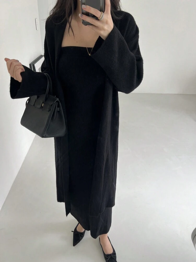 2pcs/Set Women Solid Color Tube Dress And Long Sleeve Cardigan Sweater Fall